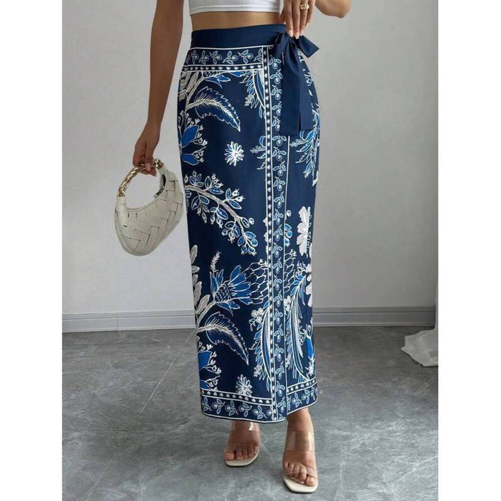 Elenzga Women's Floral Print Tie Waist Casual Wrap Skirt, Suitable For Vacation - Picture 3 of 4